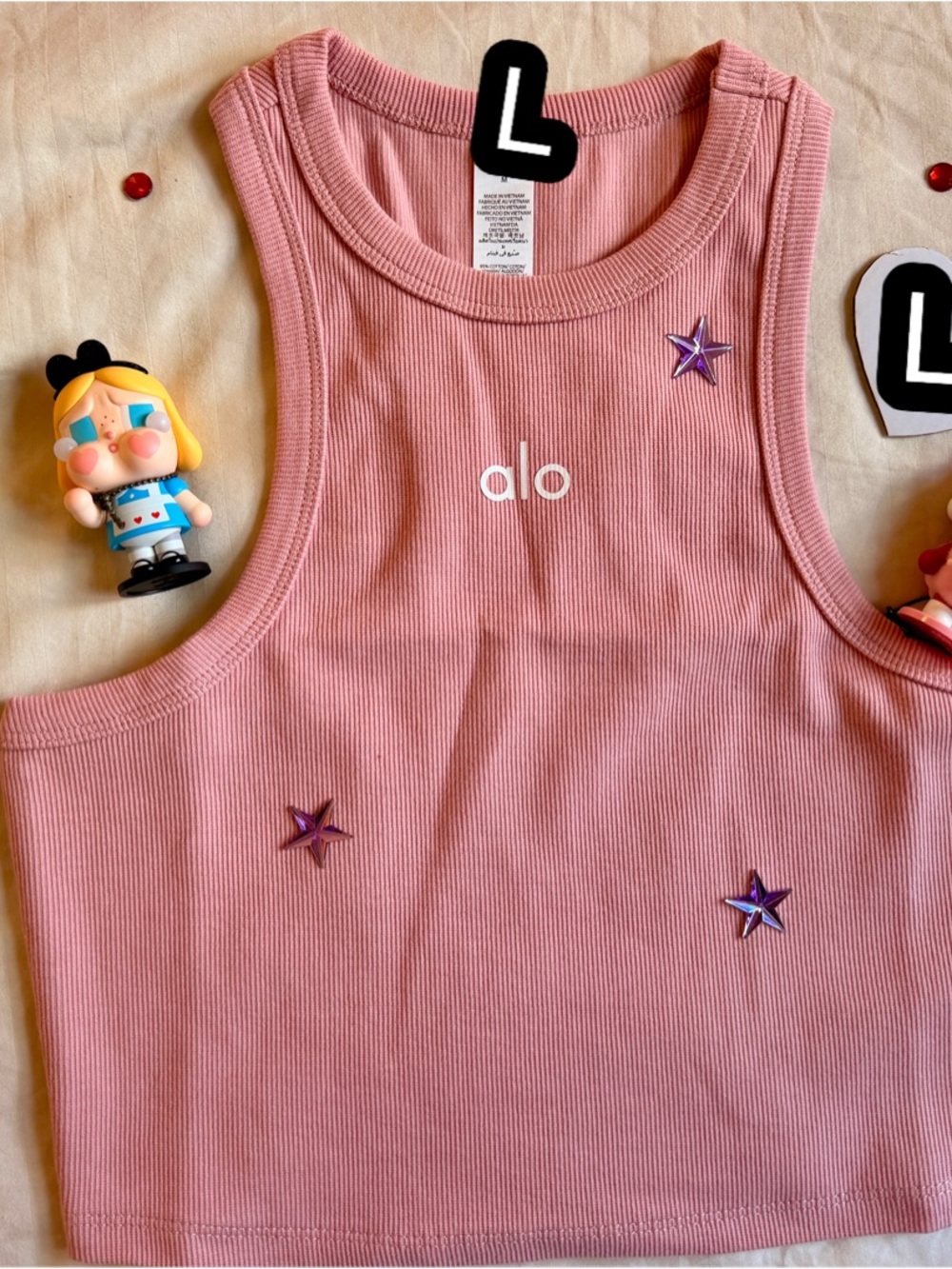 ALO Yoga Pink Ribbed Tank with Iridescent Star Accents